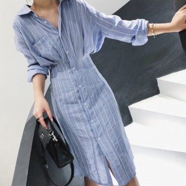 シャツワンピース ブルー ストライプ柄 Glamoclassy