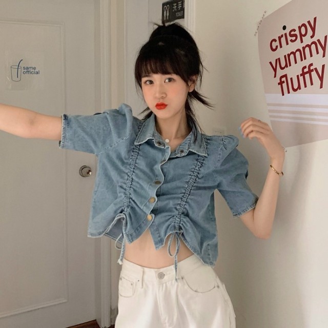 送料無料 レディース トップス デニム シャツ 半袖 カジュアル 無地 ショート丈 可愛い Ustr