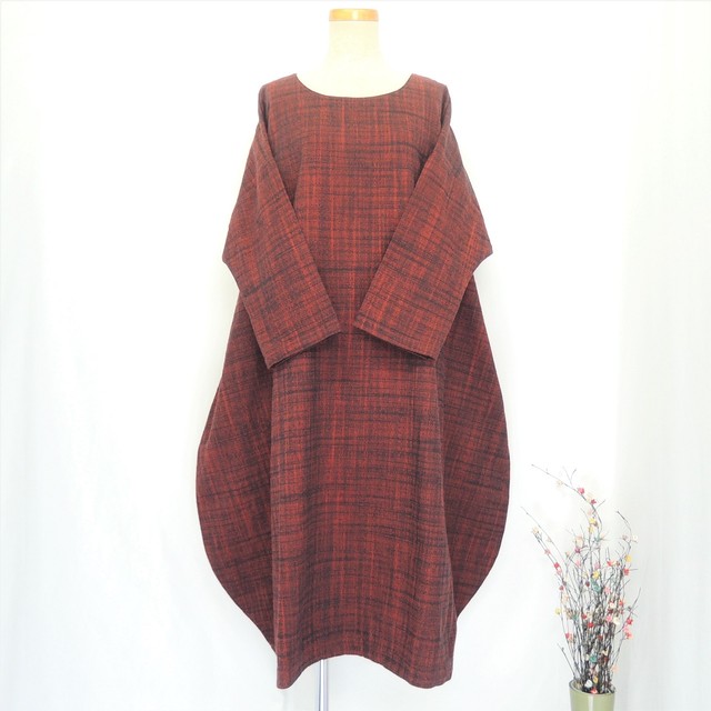 ぷちままん 21 ビッグコクーンワンピース 遠州織物 赤絣 和テイスト 長袖 フリーサイズ 40代 50代 60代 70代 ぷちままん Petitemaman