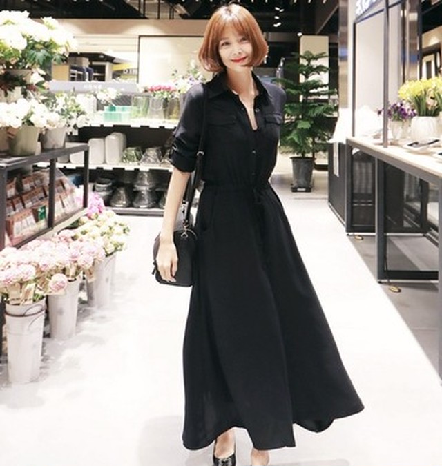 送料無料 大人シンプル ワンピース ロング丈 シャツワンピ 長袖 お呼ばれ きれいめ ゆったり お呼ばれ デート お出掛け ウエストリボン パーティードレス専門店 Vergarmo