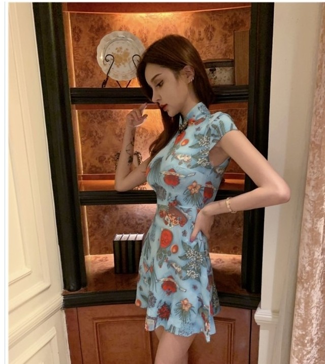 レディース ワンピース 春夏 チャイナ ワンピース ショート丈 ノーカラー 半袖 チャイナボタン チャイナ風 花 華やか ハイウエスト エス Basecamp49