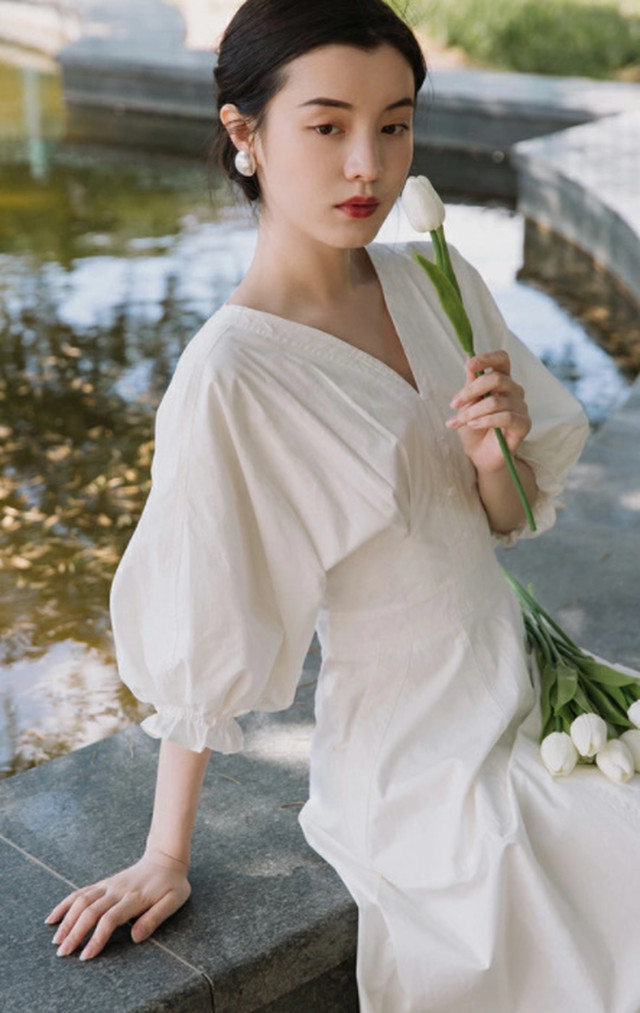 Top Mode ワンピース ロング丈 ミモレ丈 五分袖 ｖネック ふんわりバルーン袖 シンプル レディース 個性的 おしゃれ シック トレンド クール モダン カジュアル ワイルド モード系 Cool ホワイト 白 El 0134 Top Mode