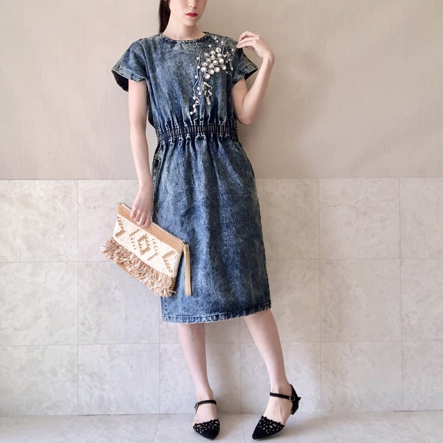 045 Vintage Denim One Piece Dress デニムビジュー付きワンピース Dramas