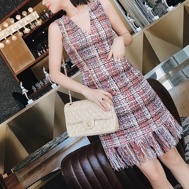 【再入荷】VネックフリンジMixツイードワンピース