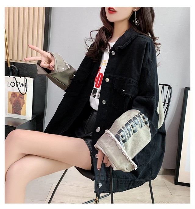 Outer 合わせやすいカジュアル大好評デニムジャケット文字プリント2色 Nanastyle