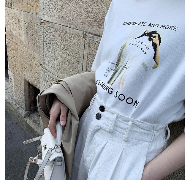 フォトロゴメッセージプリントtシャツ カットソー ストリート カジュアル シンプル ベーシック トップス ナチュラル レトロ 大人可愛い フェミニン トレンド 春夏 韓国ファッション Thicc