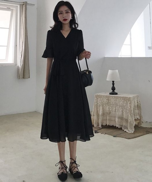 ロングドレス 黒 ドレス ワンピース 黒 お呼ばれ ワンピース フォーマル ワンピース 大きいサイズ 入学式 Vネック シフォン Jm43 Dress No Sato