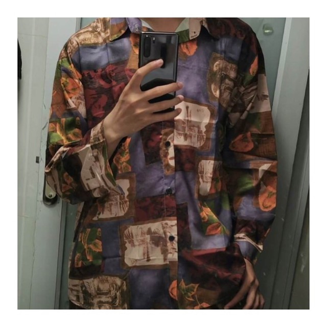 くすみカラー レトロボタニカル ブラウン ブルー 総柄シャツ 長袖 レディース 茶色 青 S M L Xl程度 オーバーサイズ ゆったり 原宿ファッション 韓国 お洒落 秋物 冬物 激安セール Sale