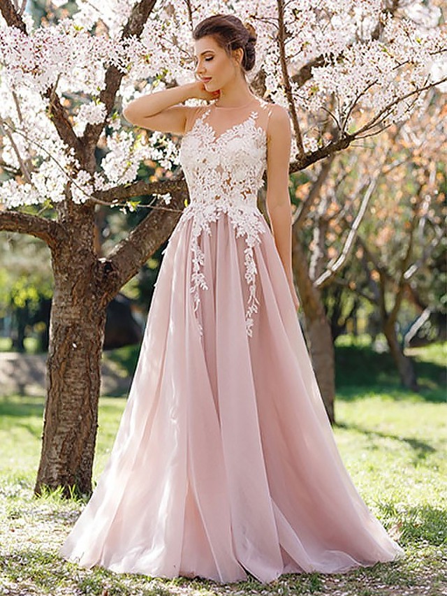 薄ピンク ウエディングドレス エレガント チュールロングイブニングドレス Amitiel
