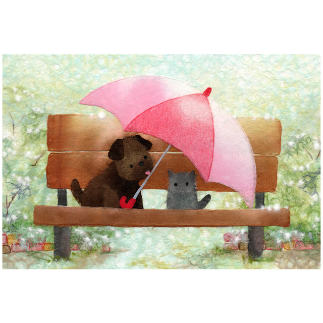 忘れ物 Ver 2 誰かの傘の忘れ物取りに来るまで見てるね かわいい子犬とにゃんこのイラスト ポストカード 和紙絵工房 和紙絵作品のプリントweb通販