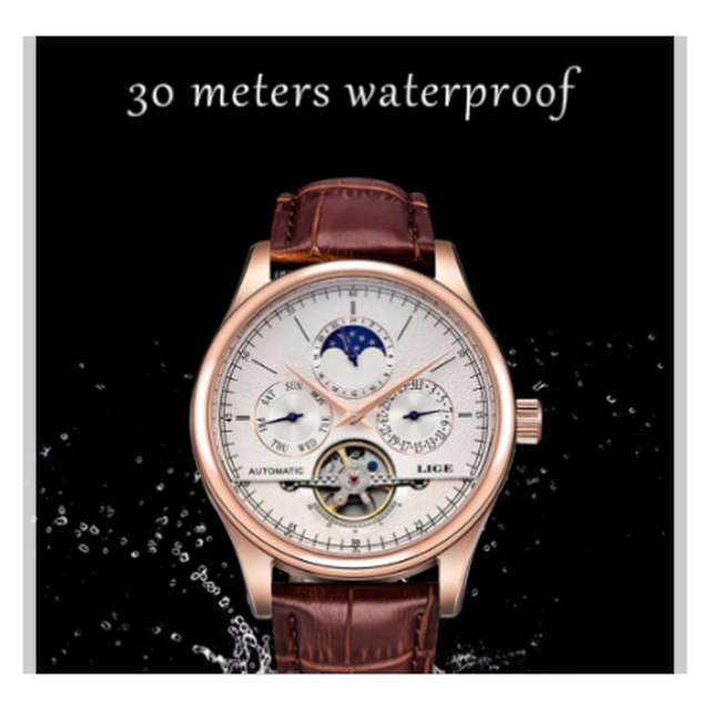 Lige トゥールビヨン ムーンフェイズ 自動巻き 防水 メンズ 腕時計 機械式 日付 曜日表示 レザーベルト 海外トップブランド 66 3色展開 Happy Hobby あなたのベストが見つかるお店