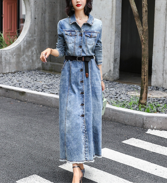 デニムワンピース シャツワンピース ロング丈 マキシ丈 裾フリンジ Aライン 長袖 大きいサイズ 着痩せ きれいめ 上品 秋冬 ウッディーベース1号店