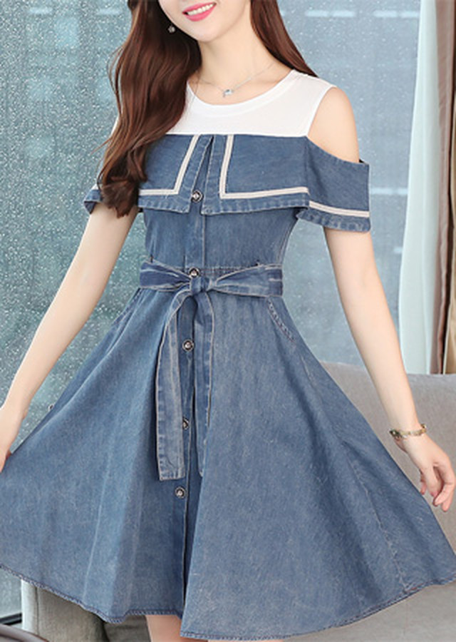 ノースリーブ ワンピース ひざ丈 デニム 韓国 18 オフショルダー リボン 可愛い カジュアル マリン 春夏 Jm5097 ワンピの里