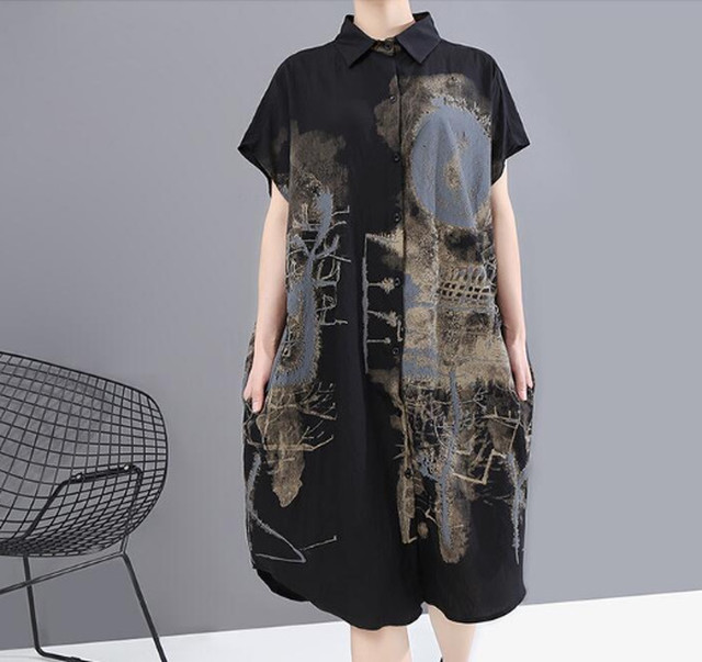 Top Mode レディース ロングワンピース シャツ 半袖 襟付き ロング ひざ下 膝下 大きいサイズ コットン モード系 春 夏 秋服 体型カバー ロングシャツワンピース 黒 ブラック Rock Rmd6 Top Mode