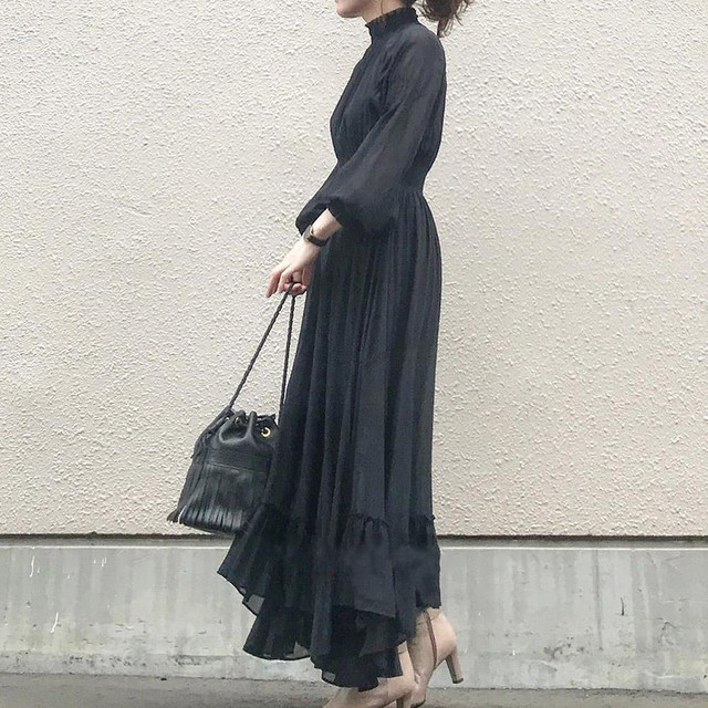 春 夏 くすみカラー 代 30代 40代 ロングワンピース フレアスカート 無地 ブラック ハイウエスト 長袖 Rb R3 06 Sk03 0001 Redbell