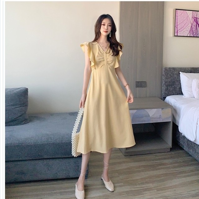 バックリボン ワンピース フリル ひざ丈 ワンピース バックリボン 韓国風ワンピ 胸元ギャザー フリーサイズ Basecamp49