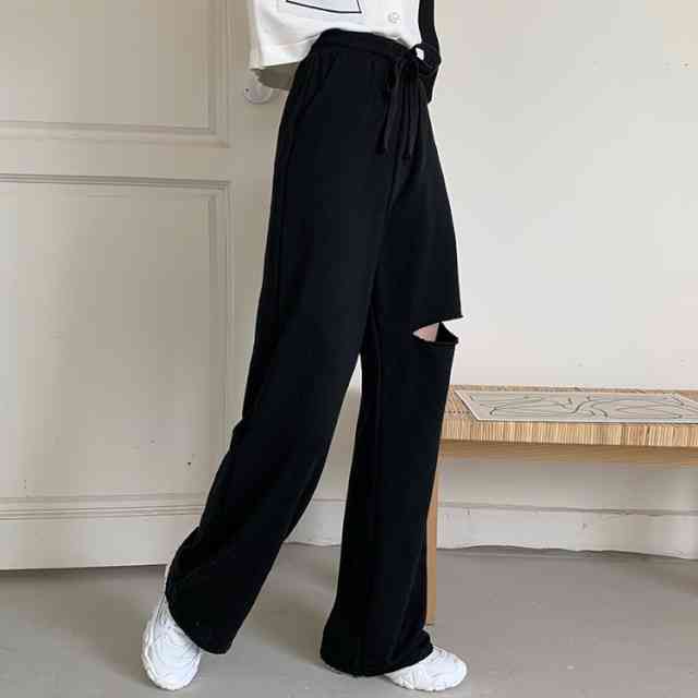 パンツ レディース ガウチョパンツ ボトムス ゆったり ズボン 大きいサイズ ウエストゴム 楽ちん おしゃれロングパンツ レディース ワイドパンツ スウェット ダメージ加工 カット加工 ゆるい 紐付き リボン 体型カバー ストリート オンオフ ナチュラル 無地 シンプル ママ