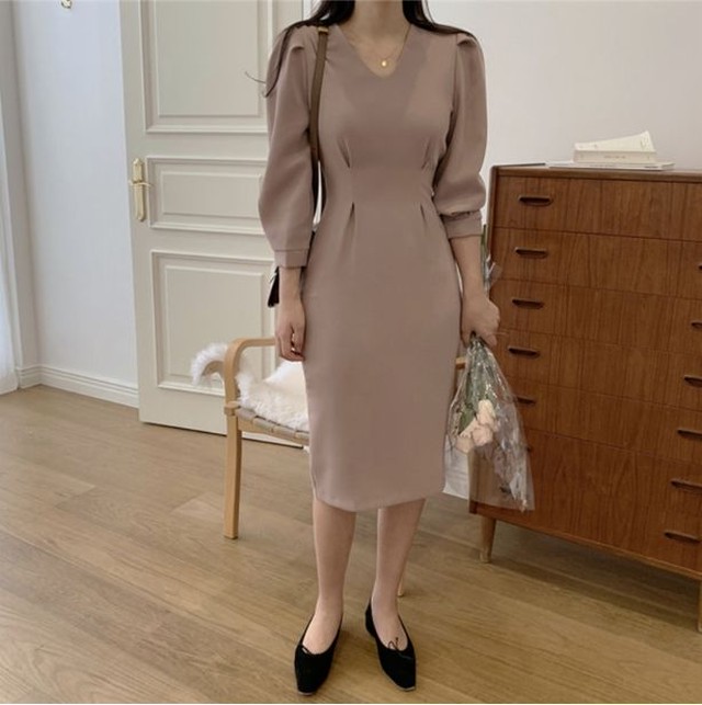 ワンピース レディース パーティドレス 代 韓国 結婚式 10代 30代 七分袖 Vネック 無地 着やせ ワンカラー お洒落 およばれ ワンカラー Aライン Dress No Sato