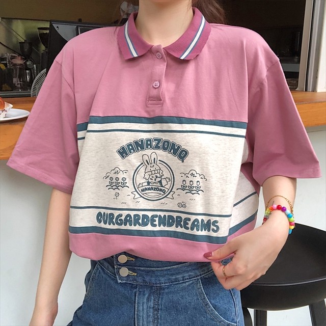 くすみカラー レトロ 半袖 ポロシャツ トップス 襟付き Tシャツ カットソー 可愛い レディース イラスト 体型カバー レトロ 華奢見え ドロップショルダー 取寄 発送目安14 21日営業日 Laff Store 会社情報 納期の確認をお願いします