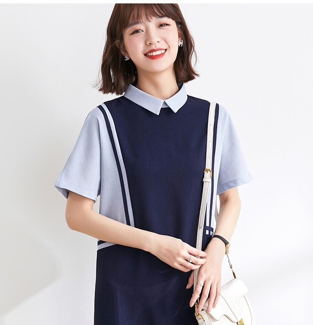 ワンピース 4サイズ きちんと ビジネス きれい 衿 半袖 夏 ひざ丈 ブルー 青 California Express