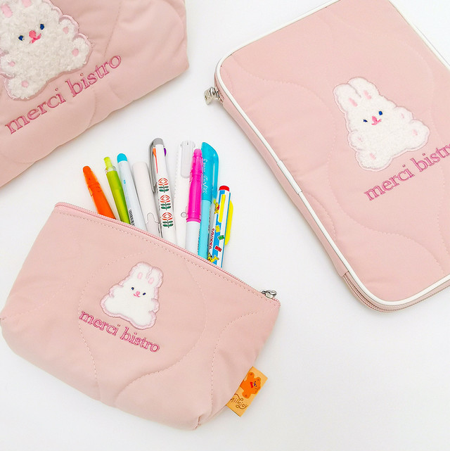 即納 Milkjoy Merci Bistro ワンポイントアニマル柄 刺繍ロゴ キルティングポーチ 韓国 ペンケース Usagi Case ウサギケース 韓国iphoneケース通販