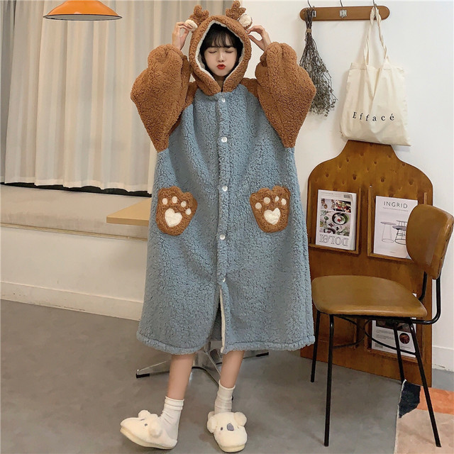 トナカイ ルームウェア レディース もこもこ かわいい 秋 冬 パジャマ 寝巻き 部屋着 ホームウェア ワンピース ガウン モコモコ 前開き お揃い フード付き 暖かい コスプレ A1628 Select Shop E Bellissimo