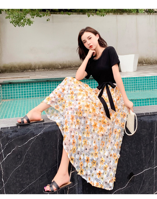 全２色 セットアップ風ワンピース 花柄 ラウンドネック 半袖 Aライン ロング丈 大人可愛い 夏 お出かけ デート 女子会 Dressarroser