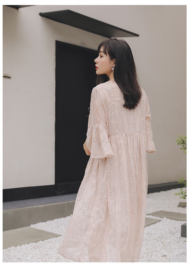 繊細刺繍レースフリル七分袖マタニティワンピース 胸下切り替え ロングワンピース マタニティーワンピース専門店 Ninpuku