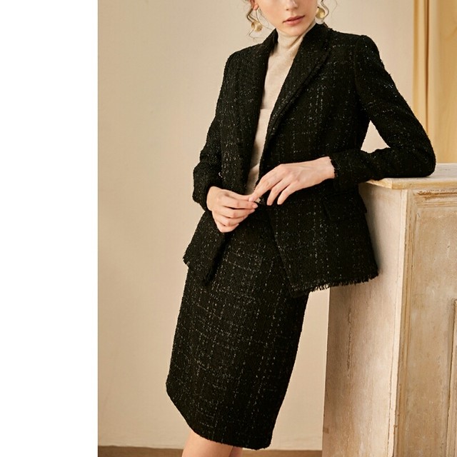 送料無料 スーツセットアップ 黒 ツイード ジャケット スカート Ladysuitwear