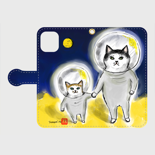 手帳型スマホケース 十六夜の月と二匹の宇宙猫 Any Kind Of Blue 猫や透明堂