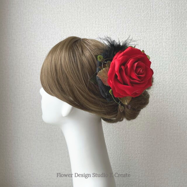 フラメンコ フローレス 発表会に マンダリンオレンジの薔薇とブラックファーのヘッドドレス ダンス髪飾り 発表会 フラメンコ ダンス Flower Design Studio K Create