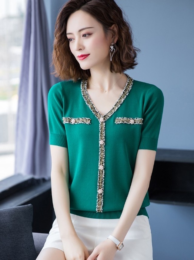 Tシャツ 全3色 レディース ブラウス 半袖 Vネック 薄手 シンプル 着瘦せ 大きいサイズ おしゃれ かわいい カジュアル 通勤 Ol オフィス 日常 普段着 Goldayahiro