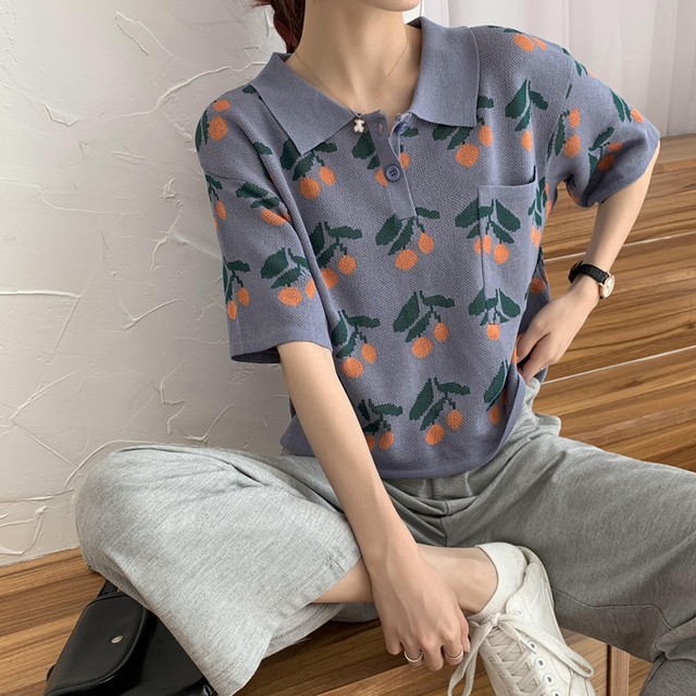 可愛い オシャレ 夏 Poloネック 半袖 タイト 合わせやすい ニット 韓国ファッション Tシャツ トップス 75shops