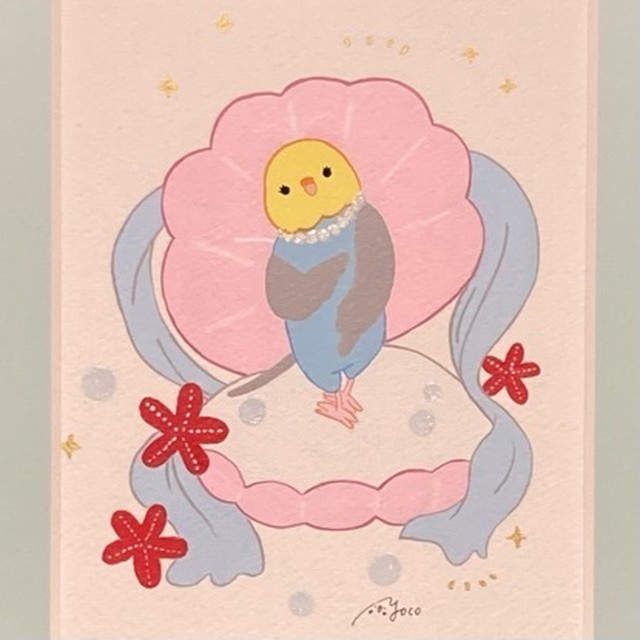 【オグチヨーコ】原画「インコにパール(よくお似合い)」