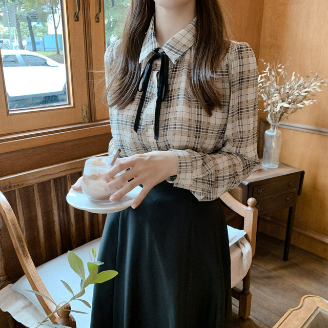 セットアップ ツーピース 2点セット ブラウス スカート リボンブラウス ウエストゴム ロングスカート ブラック チェック柄 韓国 オルチャン 通勤 通学 レトロ Like Fashion