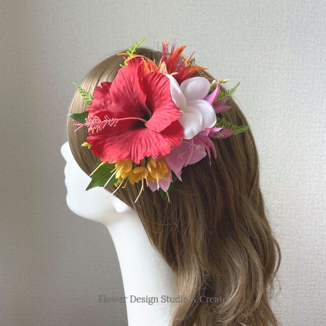 赤いハイビスカスとプルメリアのヘアクリップ 結婚式 ウェディング 髪飾り アートフラワー フラダンス 南の島 結婚式 Flower Design Studio K Create