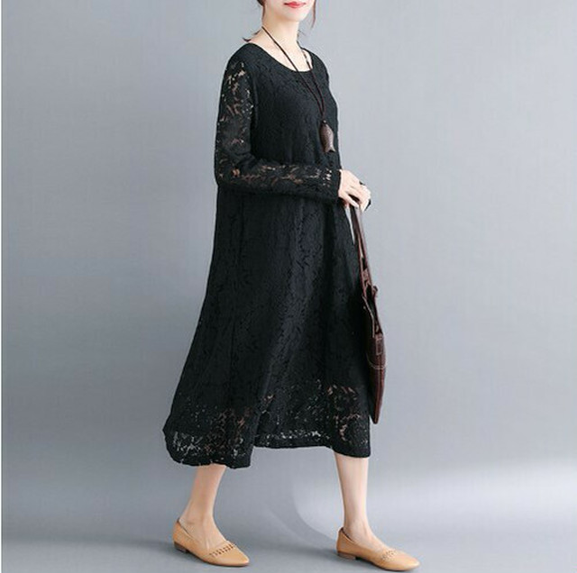 長袖ワンピース レース レースステッチ 透かし彫り 黒ワンピース レディース ブラック 膝下 長袖 上品 ラウンドネック Aライン フレアスカート きれいめ かわいい 秋 冬 春 ワンピ Speed Star Base