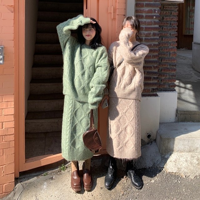 セットアップ レディース 冬 セットアップ レディース ニット 冬 セット ロングスカート レディース ニット 冬 長袖 オーバーサイズ 体型カバー ブラウン シンプル カジュアル きれいめ Evergreen