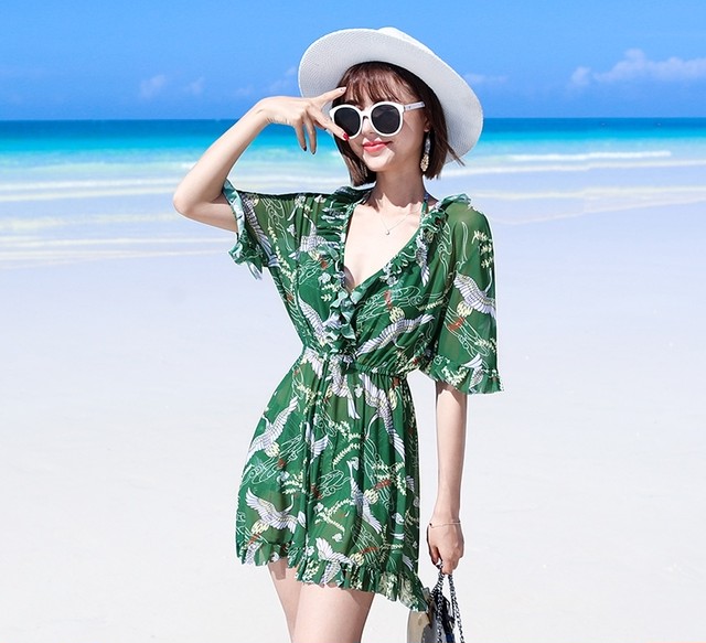 鶴柄 ワンピース付き リボンビキニ 全２色 青 緑 水着 大きいサイズ 体型カバー Lalas