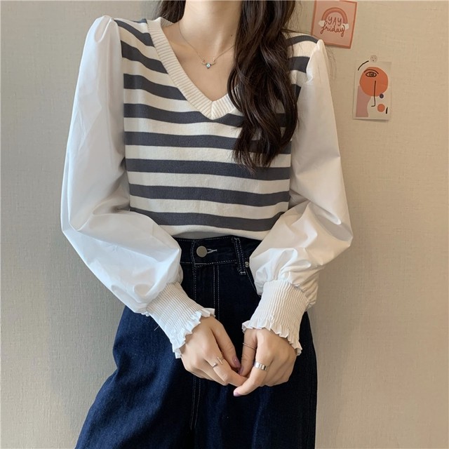 異素材mix ボーダー トップス 長袖シャツ レディース カジュアル シンプル Vネック ニット 通勤 デイリー おしゃれ Ptnym3638 Shop Suba