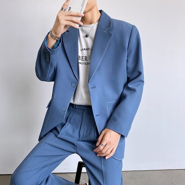 予約販売 メンズ スーツ 無地 ブラック ブルー ジャケット パンツ セット セットアップ パーティ 二次会 同窓会 結婚式 韓国 トレンド S M L Xl Favoriteselect