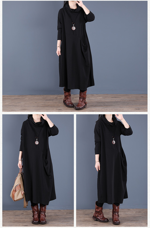 ロングワンピース レディース 40代 長袖ワンピース カジュアル 秋冬 大人 シンプル 無地 ポケット付 大きいサイズ ゆったり タートルネック 大きいサイズ N94 Select Shop Shoushou