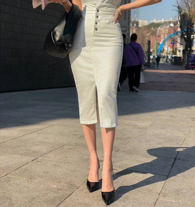 ハイウエスト フロントボタン タイトスカート デニム スリット 無地 カジュアル ミモレ丈 大人 セクシー Aya2375 Girl Top