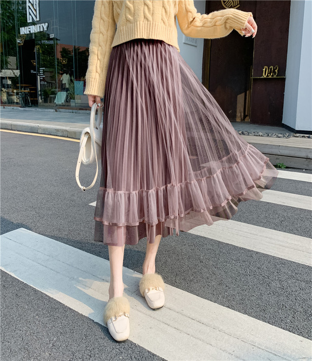 4色 プリーツ シフォン スカート ロング丈 デート レディース ファッション 韓国 オルチャン Cocotown