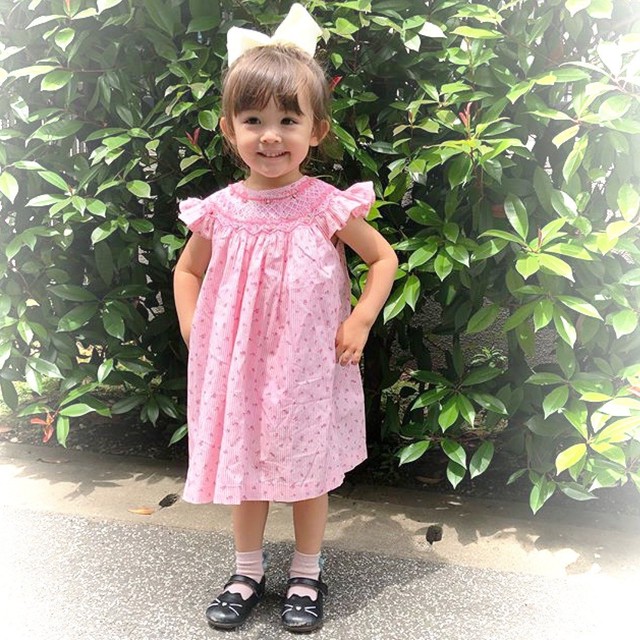 ビショップ スモッキング フリル袖 ストライプ ローズ ピンク Heart Spring スモッキングワンピースと可愛い子供服