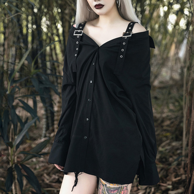 ワンピース レディース ブラック 長袖 オフショルダー ゴスロリ ベルト付き パンクロック V系 ヴィジュアル系 ライブ 服 スカート 大きいサイズ Lady Oliver