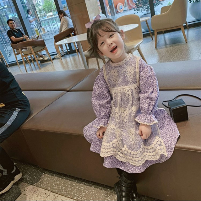 セットアップ ワンピース 長袖 丸首 小花 花柄 レース エプロン ドレス 2点セット プリンセス 公主 お姫様 紫 秋 春 子供 キッズ こども服 女の子 女児 Syk445 Berceau Select Shop ベルソー セレクトショップ キッズ 親子ペアetc