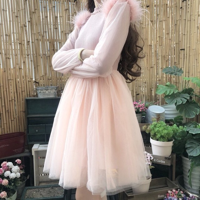 ピンク ファー ドレス ワンピース パステル オーガンジー フレア Loveysmileshop