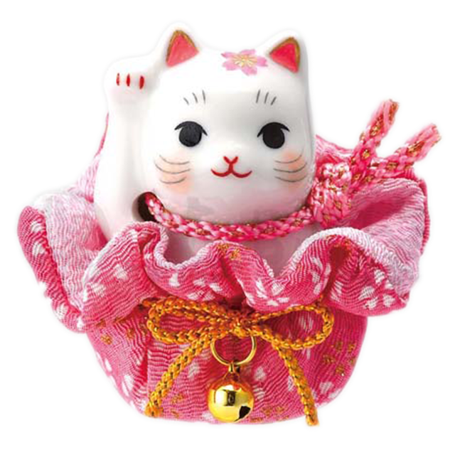【金運財運】薬師窯招き猫 彩絵 桜巾着 招き猫 おめでたい縁起置物(右手上げ)