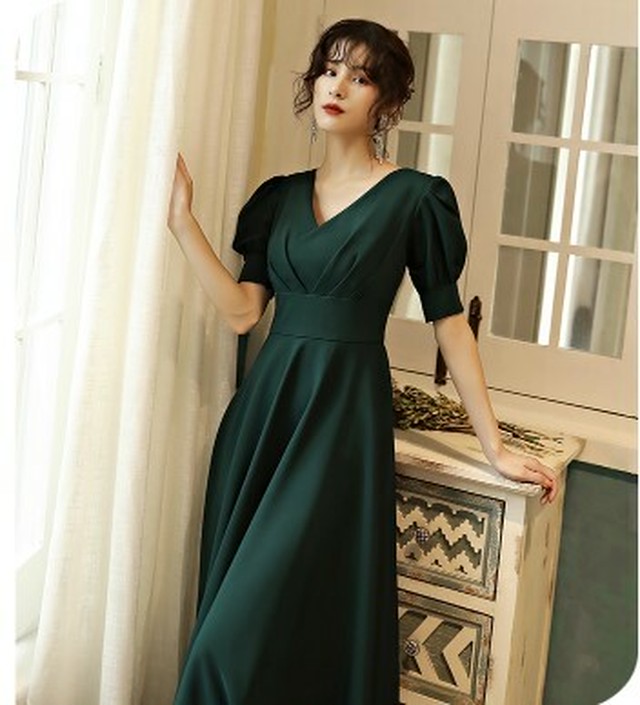 エレガント イブニングドレス 光沢サテン エンパイアライン 細見えシルエット ロングワンピース Ynswedding23